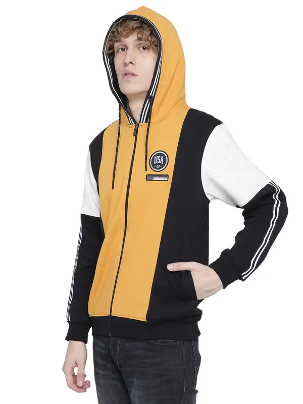 Octave Men Yellow Fleece Colourblocked Hooded Sweatshirt