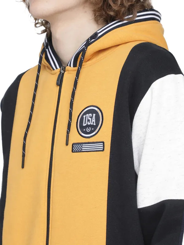 Octave Men Yellow Fleece Colourblocked Hooded Sweatshirt