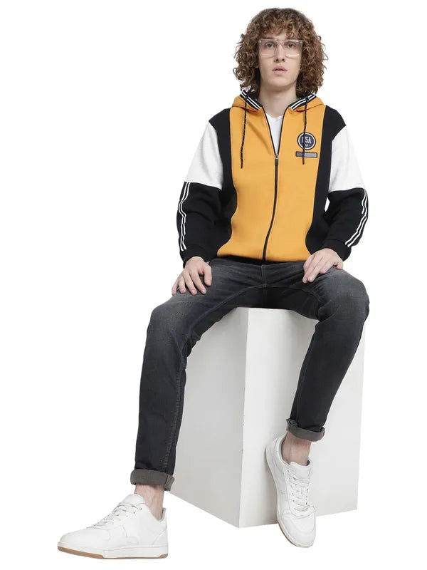 Octave Men Yellow Fleece Colourblocked Hooded Sweatshirt