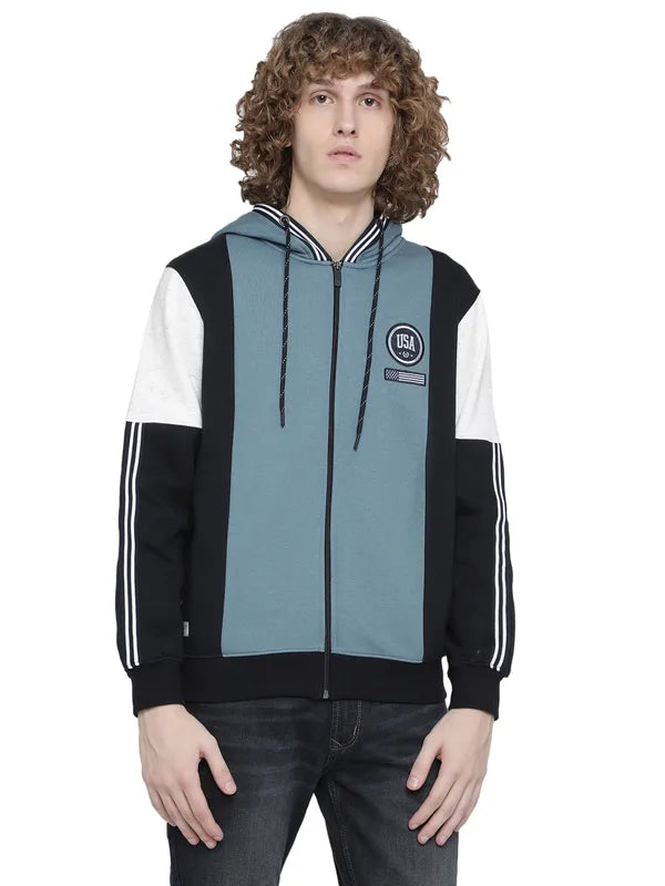 Octave Men Blue Colourblocked Hooded Fleece Sweatshirt