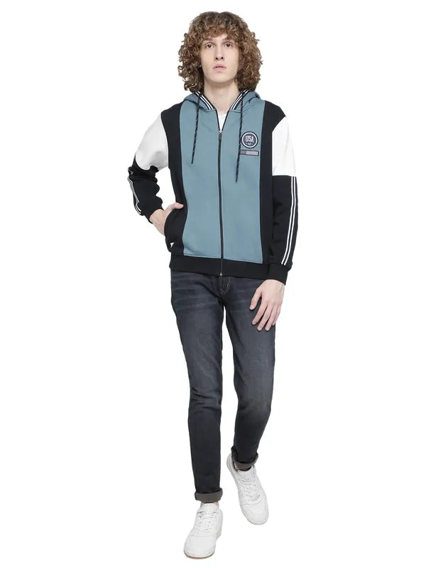 Octave Men Blue Colourblocked Hooded Fleece Sweatshirt