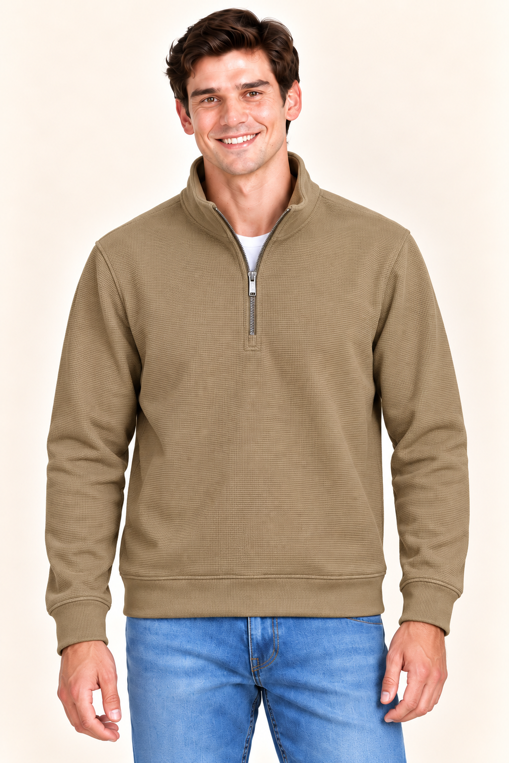 Men’s Fawn Blended Cotton Quarter-Zip Sweatshirt – Regular Fit Textured Winter Sweatshirt