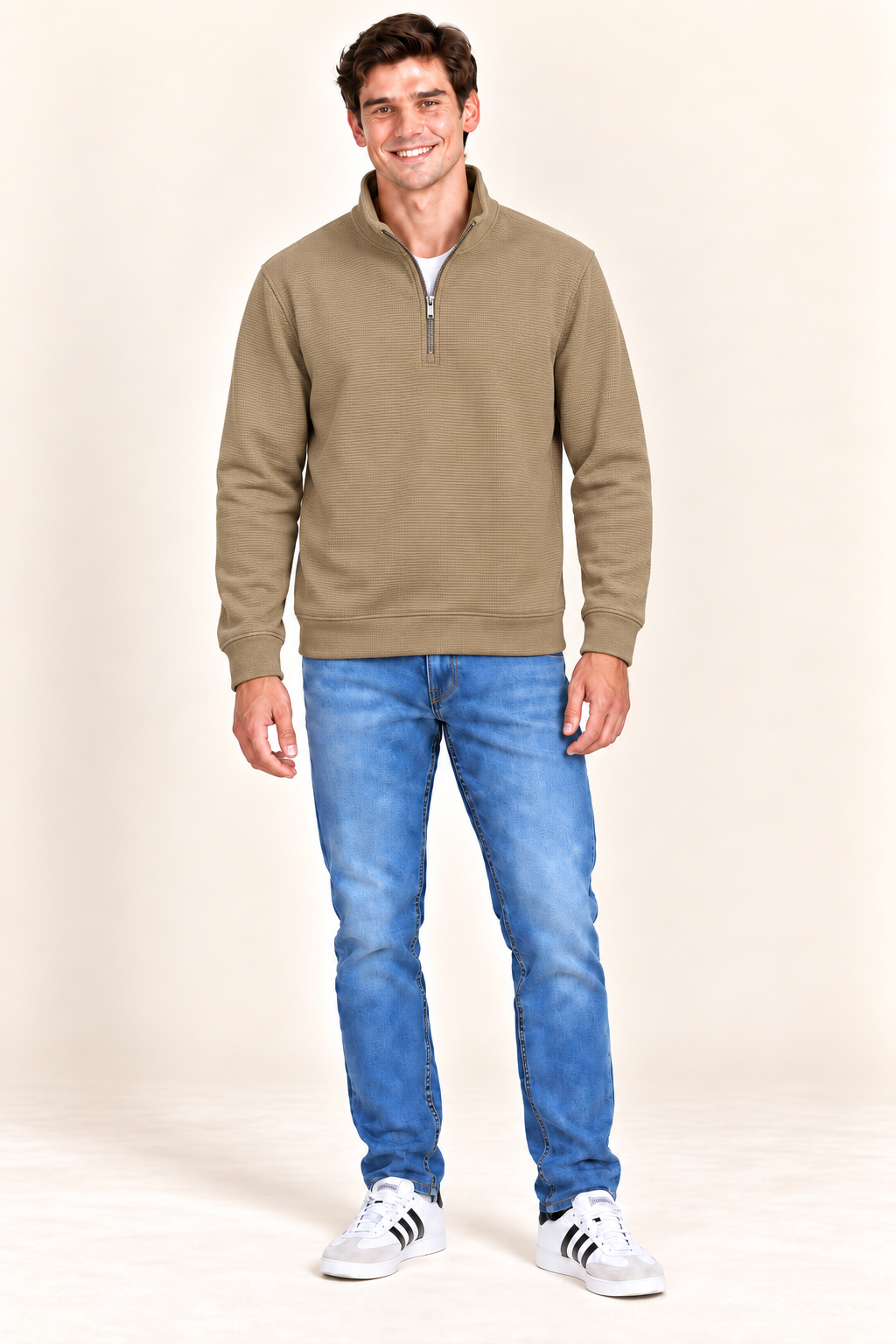 Men’s Fawn Blended Cotton Quarter-Zip Sweatshirt – Regular Fit Textured Winter Sweatshirt