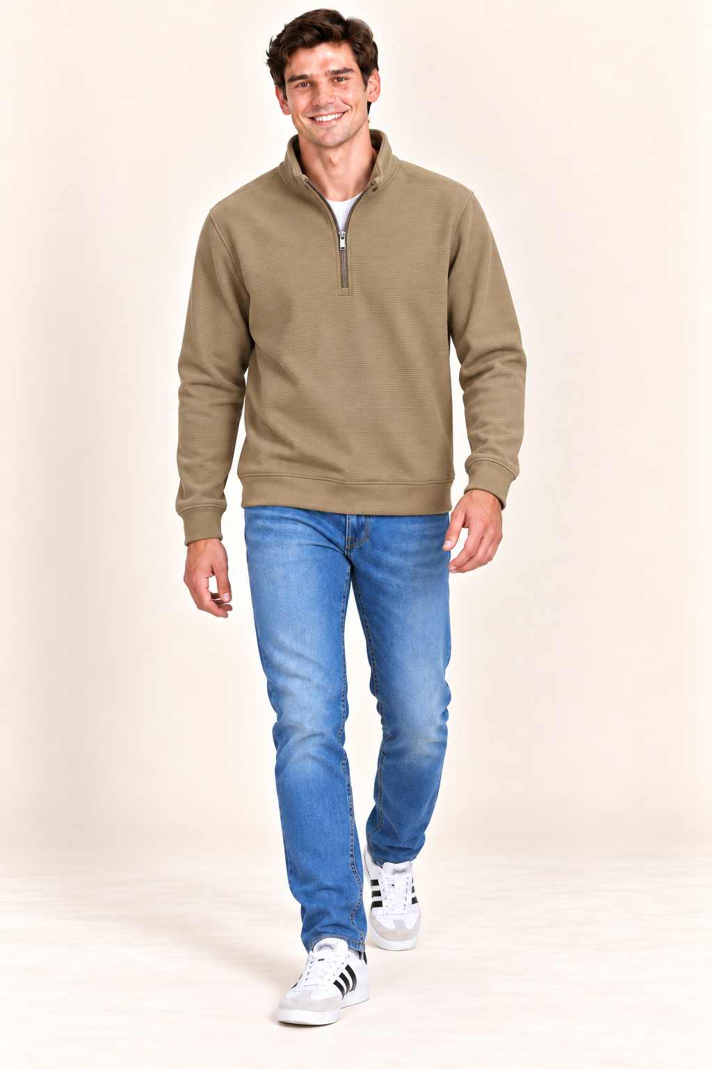 Men’s Fawn Blended Cotton Quarter-Zip Sweatshirt – Regular Fit Textured Winter Sweatshirt