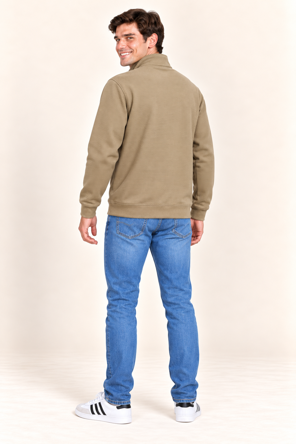 Men’s Fawn Blended Cotton Quarter-Zip Sweatshirt – Regular Fit Textured Winter Sweatshirt
