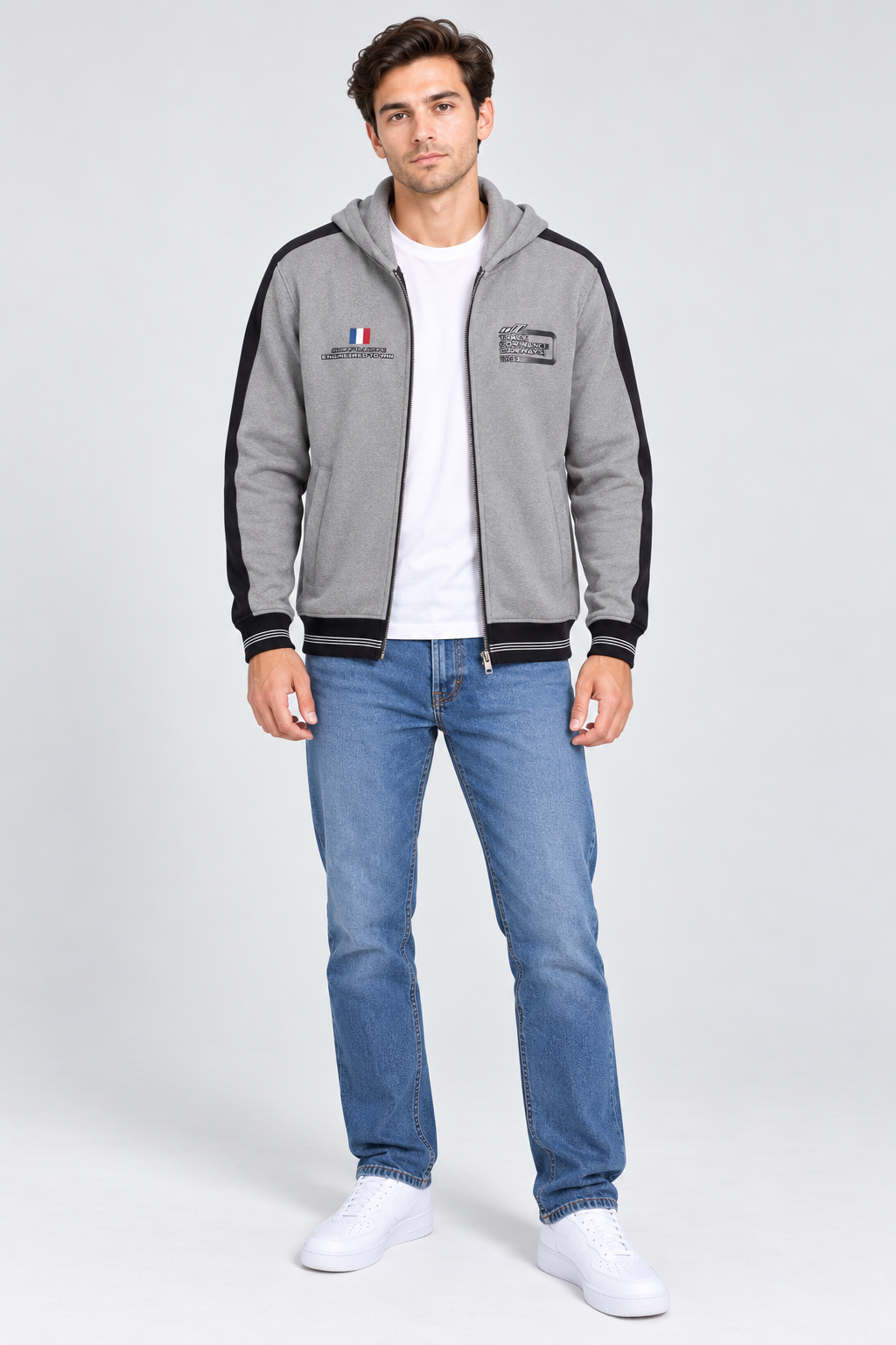 Men’s Regular Fit German Velvet Cut & Sew Full-Zip Hooded Sweatshirt – Grey Melange