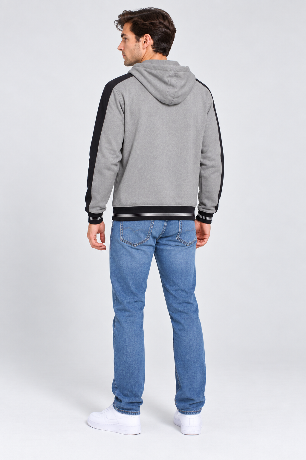 Men’s Regular Fit German Velvet Cut & Sew Full-Zip Hooded Sweatshirt – Grey Melange