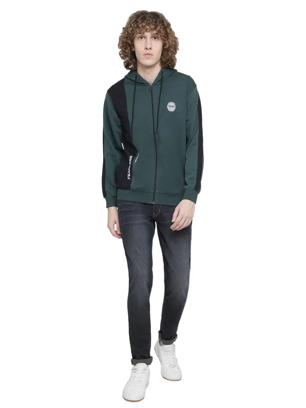 Octave Men Plus Size Green Fleece Colourblocked Hooded Sweatshirt