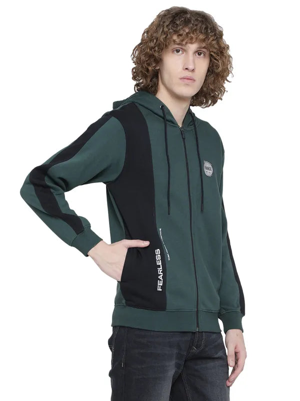 Octave Men Plus Size Green Fleece Colourblocked Hooded Sweatshirt