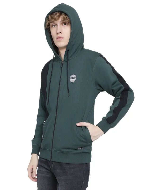 Octave Men Plus Size Green Fleece Colourblocked Hooded Sweatshirt