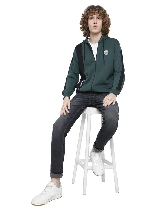 Octave Men Plus Size Green Fleece Colourblocked Hooded Sweatshirt