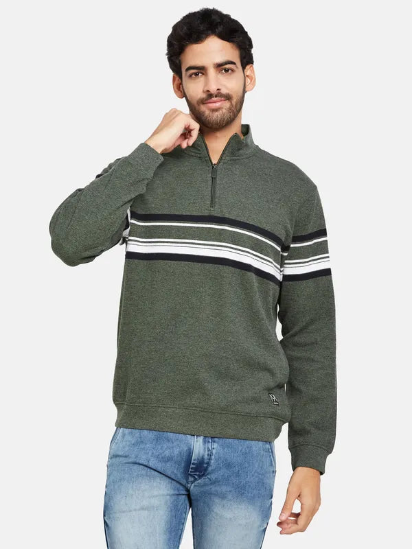 Octave Men Olive Green Striped Sweatshirt