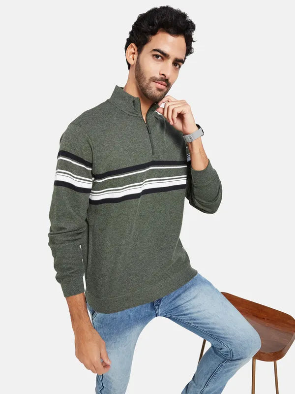 Octave Men Olive Green Striped Sweatshirt