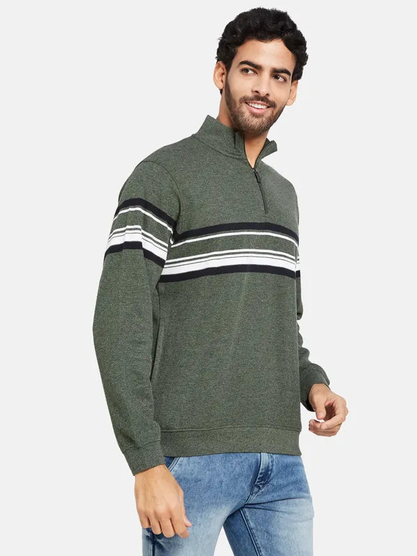 Octave Men Olive Green Striped Sweatshirt