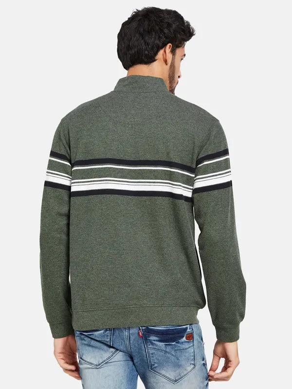 Octave Men Olive Green Striped Sweatshirt