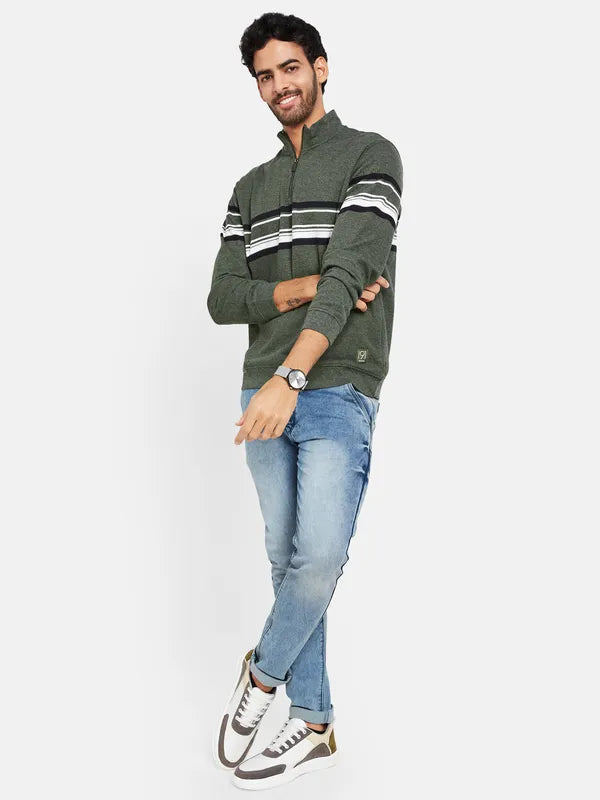 Octave Men Olive Green Striped Sweatshirt