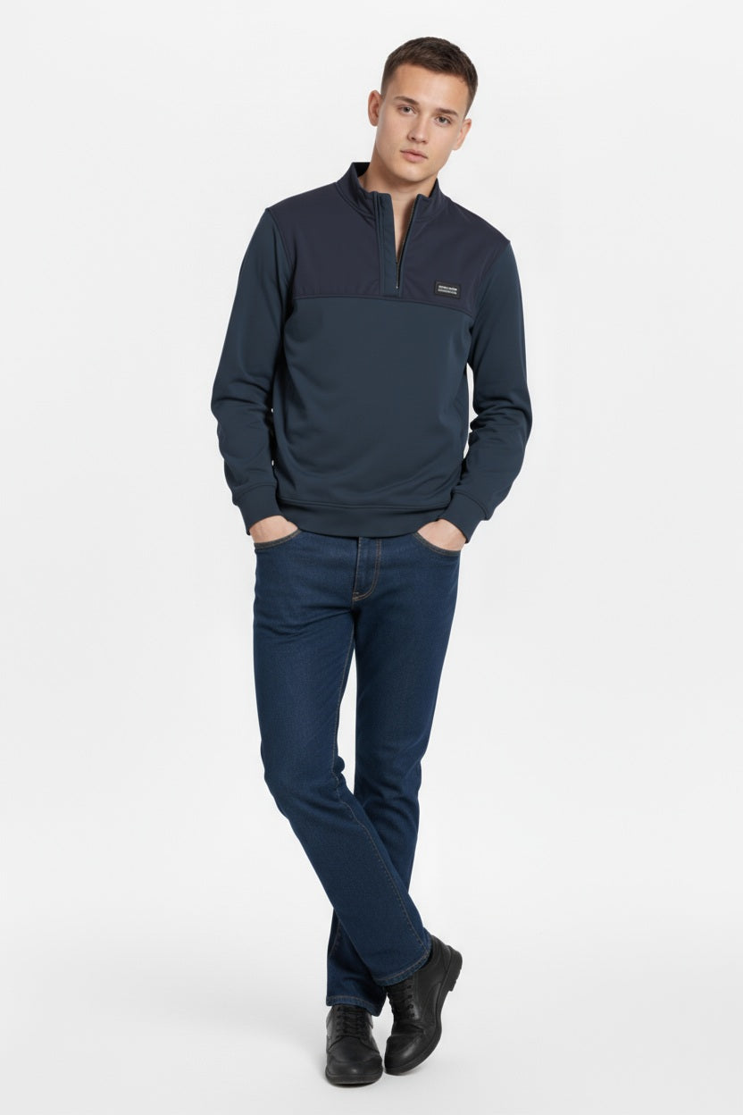 Octave Men Navy Solid Mandrain Neck Sweatshirt