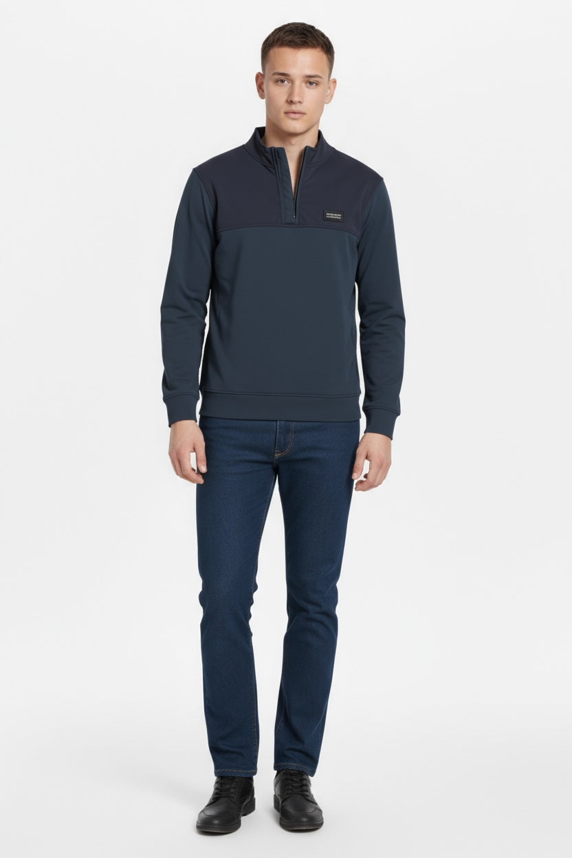 Octave Men Navy Solid Mandrain Neck Sweatshirt