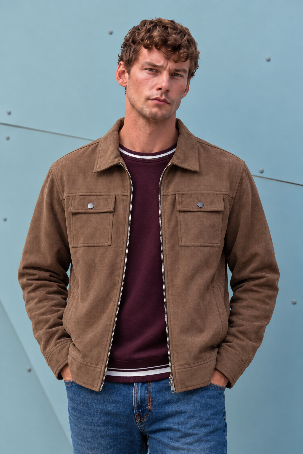 Men’s Cocoa Knitted Suede Winter Shacket – Full Zip Regular Fit