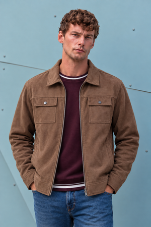 Men’s Cocoa Knitted Suede Winter Shacket – Full Zip Regular Fit