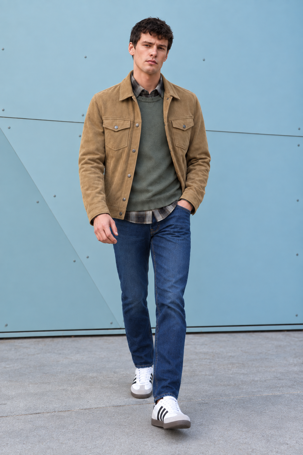 Men’s Cocoa Knitted Suede Winter Shacket – Full Zip Regular Fit