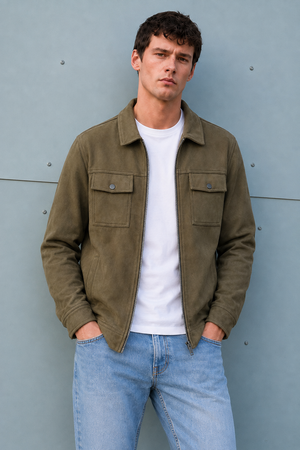Men’s Olive Knitted Suede Winter Shacket – Full Zip Regular Fit