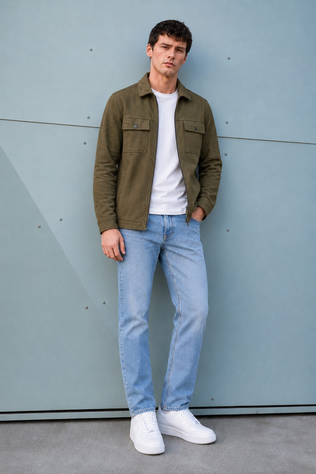Men’s Olive Knitted Suede Winter Shacket – Full Zip Regular Fit
