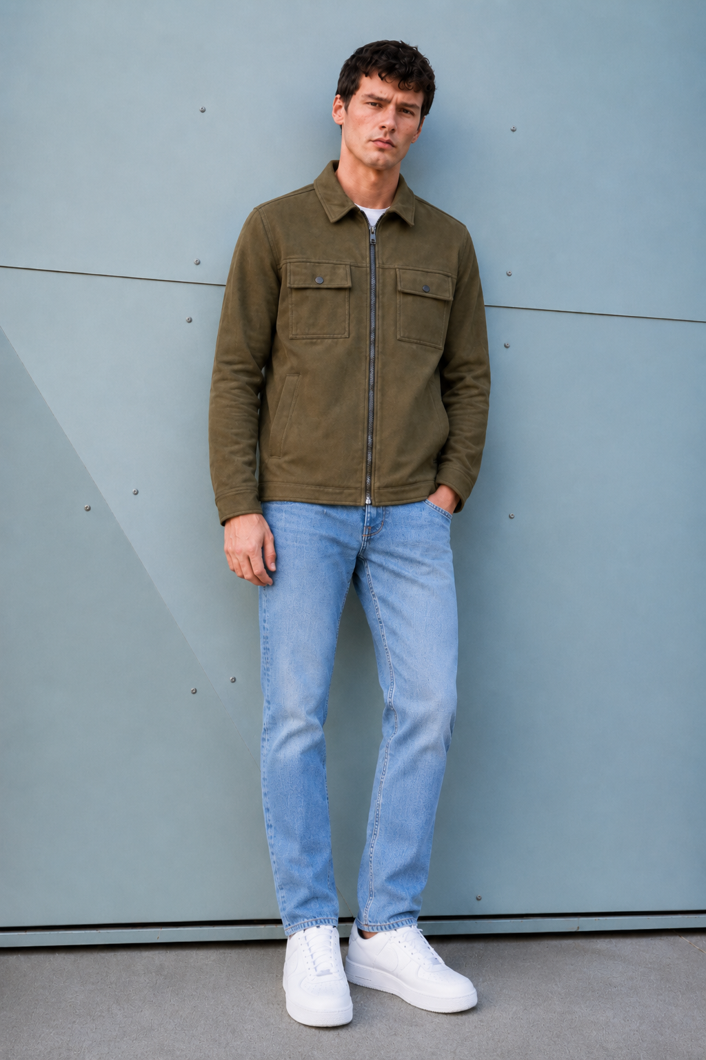 Men’s Olive Knitted Suede Winter Shacket – Full Zip Regular Fit