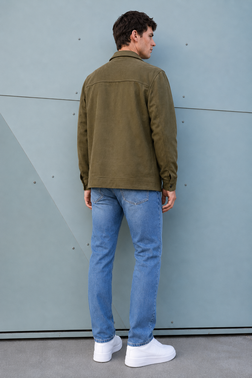 Men’s Olive Knitted Suede Winter Shacket – Full Zip Regular Fit