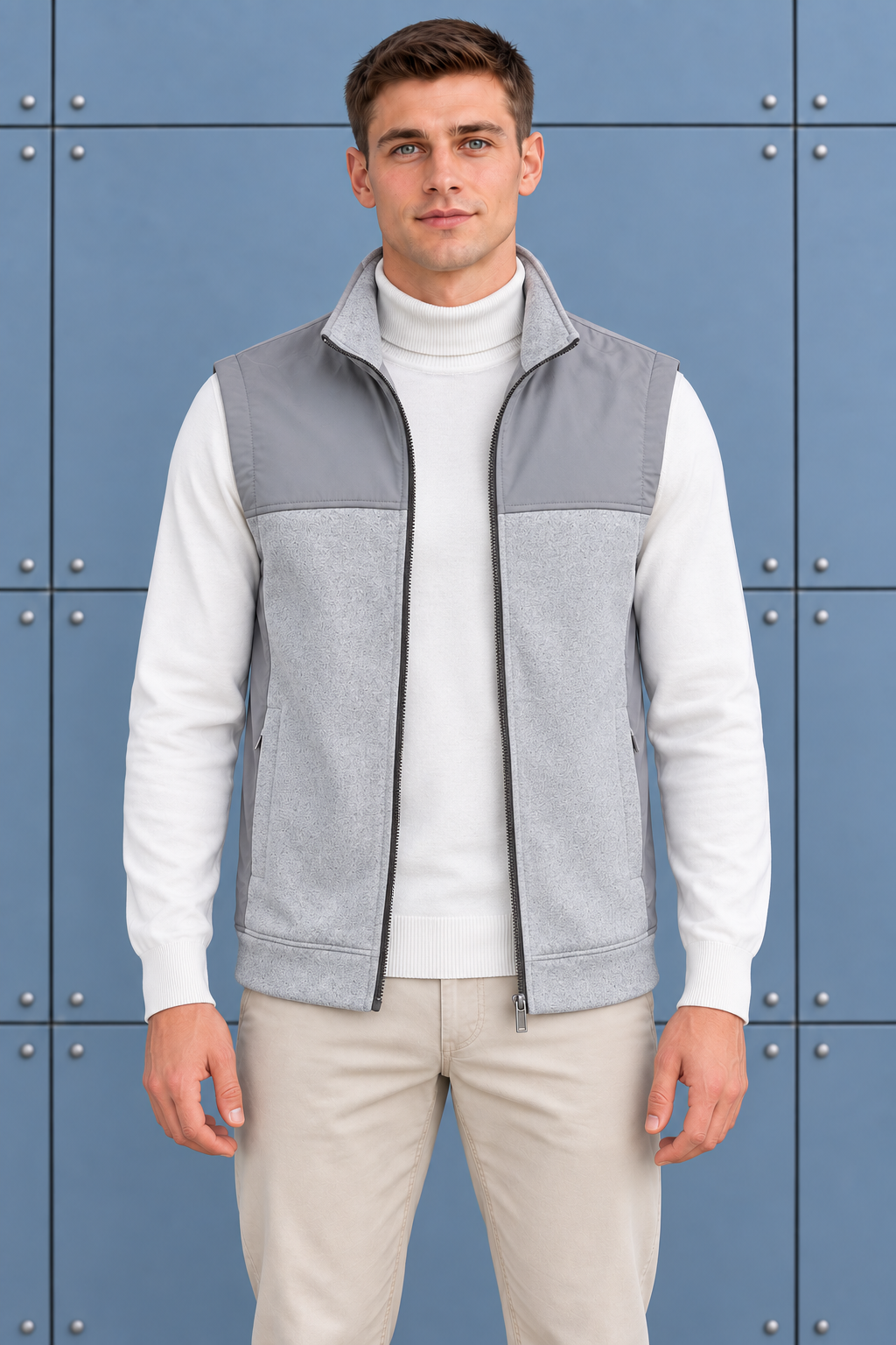 Men’s Grey Melange Cut & Sew German Velvet Gilet – Regular Fit Full Zip Sleeveless Jacket