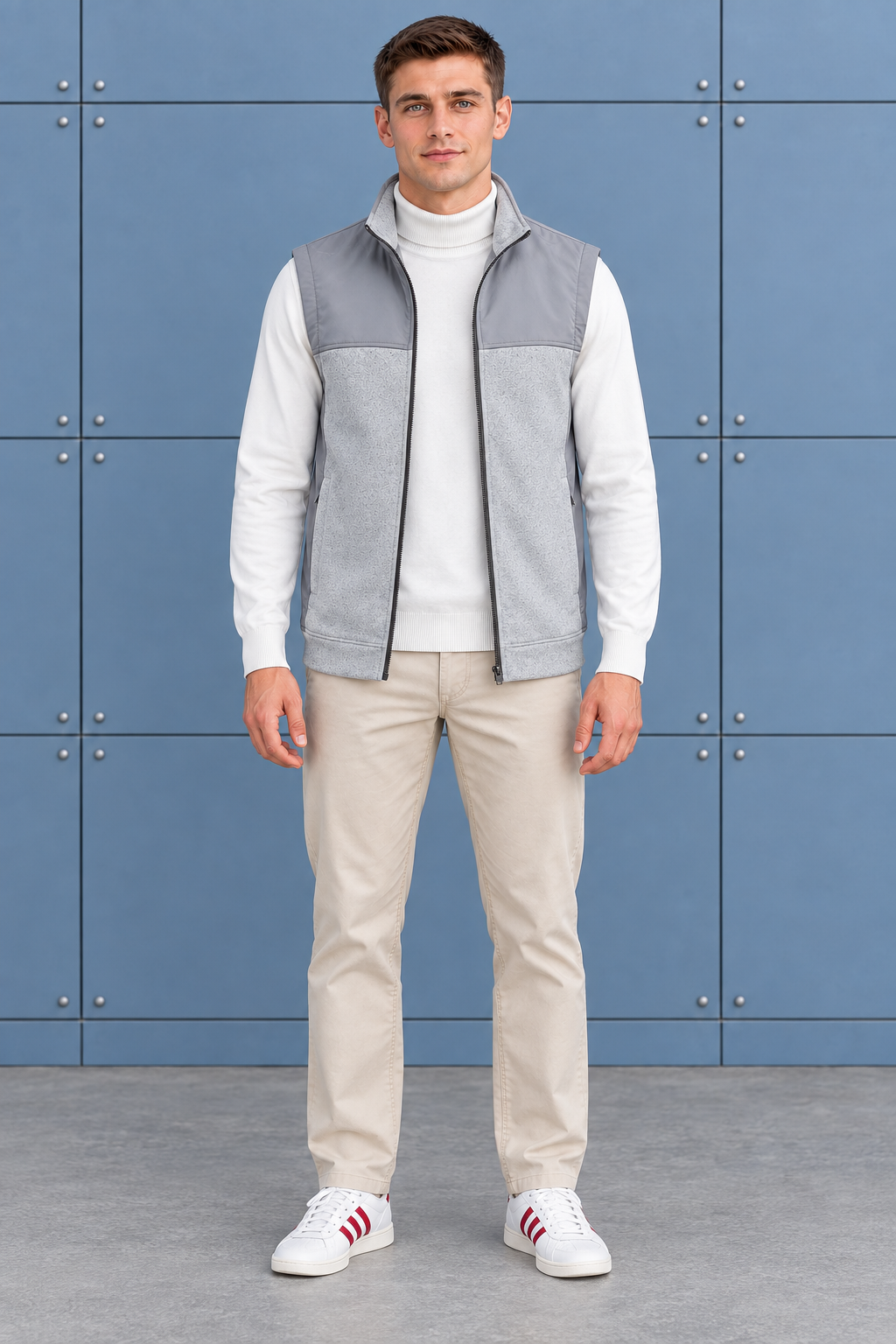 Men’s Grey Melange Cut & Sew German Velvet Gilet – Regular Fit Full Zip Sleeveless Jacket