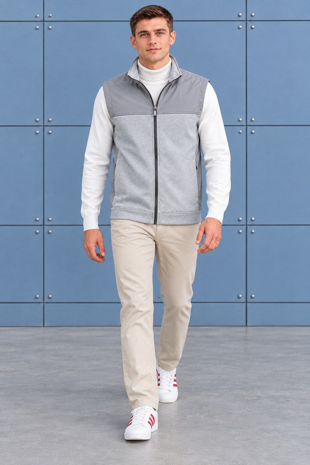 Men’s Grey Melange Cut & Sew German Velvet Gilet – Regular Fit Full Zip Sleeveless Jacket