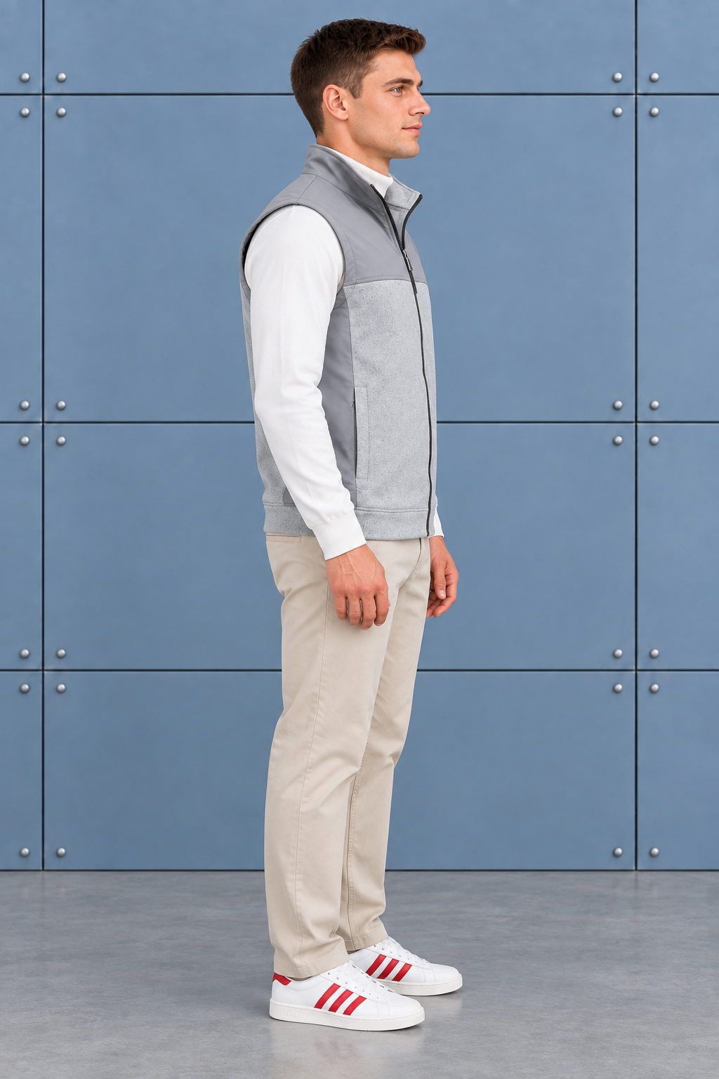 Men’s Grey Melange Cut & Sew German Velvet Gilet – Regular Fit Full Zip Sleeveless Jacket