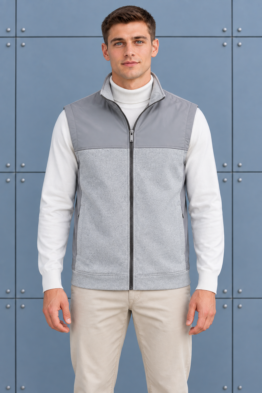 Men’s Grey Melange Cut & Sew German Velvet Gilet – Regular Fit Full Zip Sleeveless Jacket