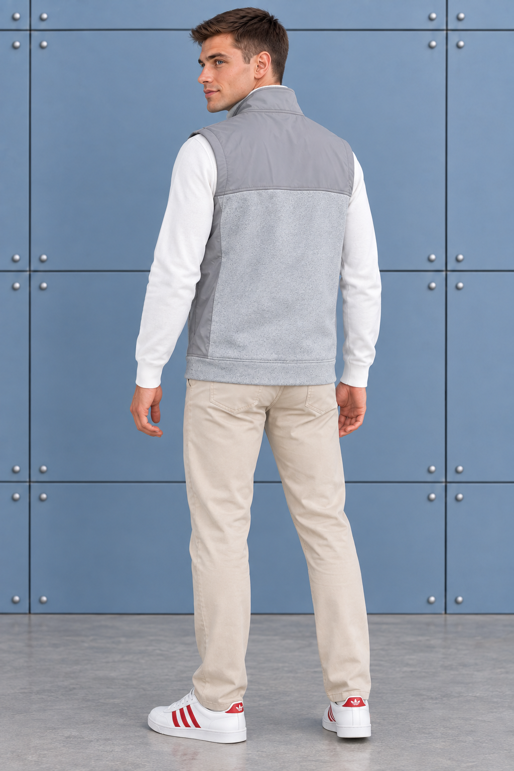 Men’s Grey Melange Cut & Sew German Velvet Gilet – Regular Fit Full Zip Sleeveless Jacket