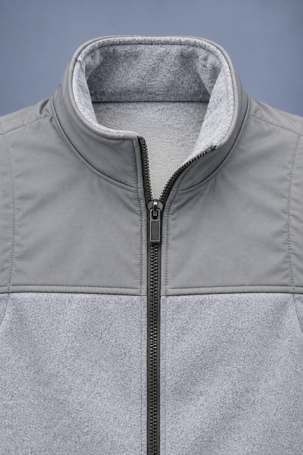 Men’s Grey Melange Cut & Sew German Velvet Gilet – Regular Fit Full Zip Sleeveless Jacket