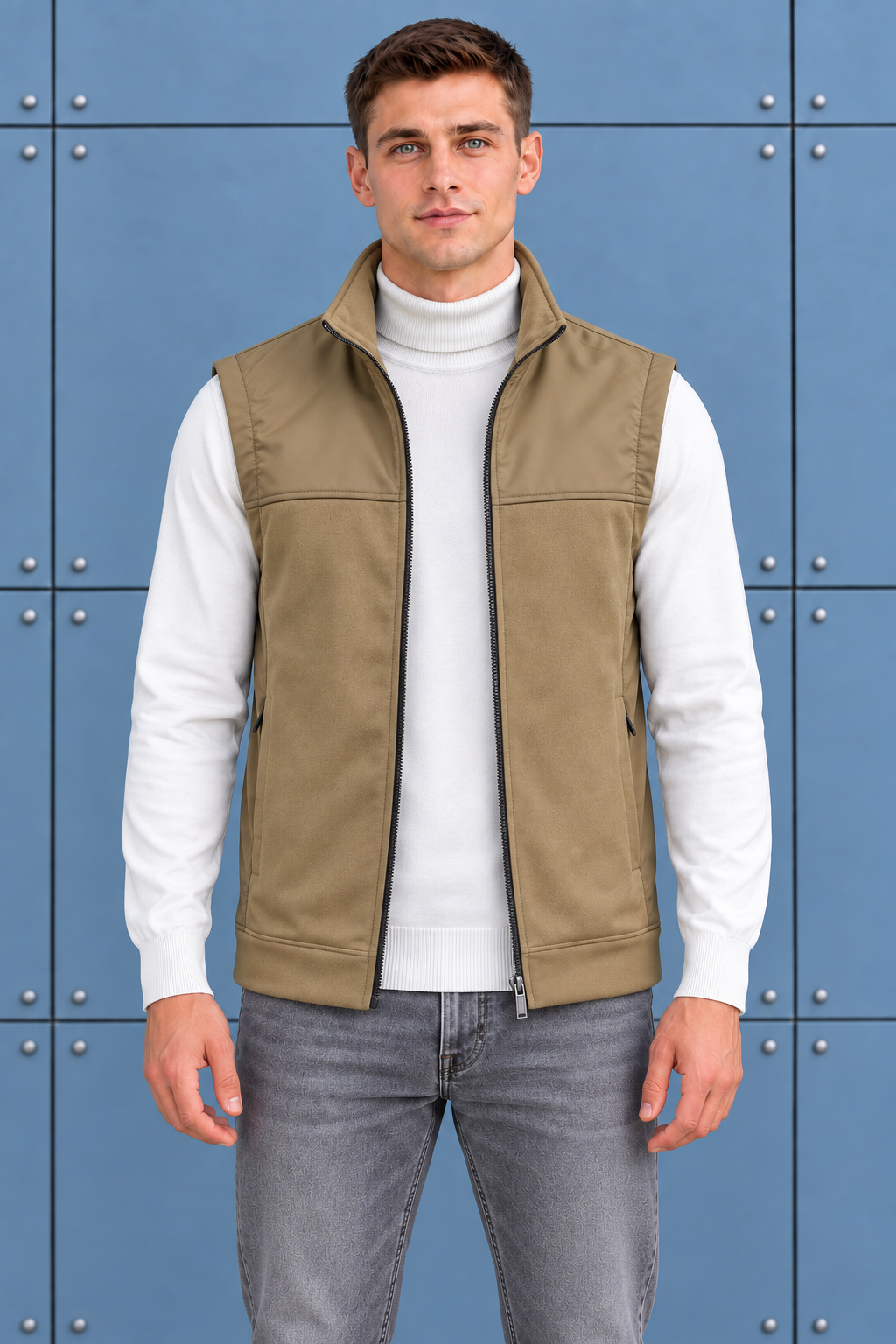 Men’s khaki Cut & Sew German Velvet Gilet – Regular Fit Full Zip Sleeveless Jacket