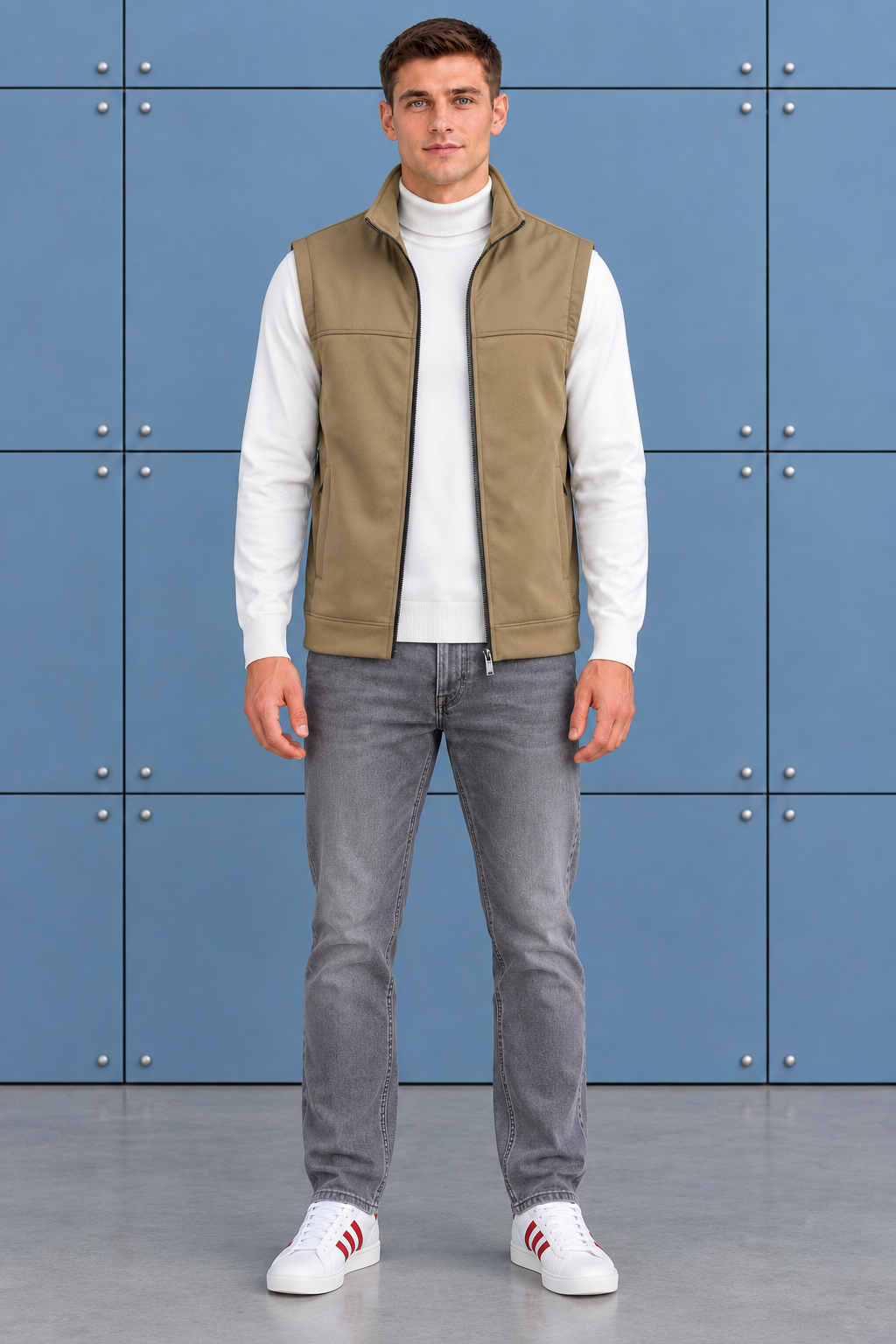 Men’s khaki Cut & Sew German Velvet Gilet – Regular Fit Full Zip Sleeveless Jacket