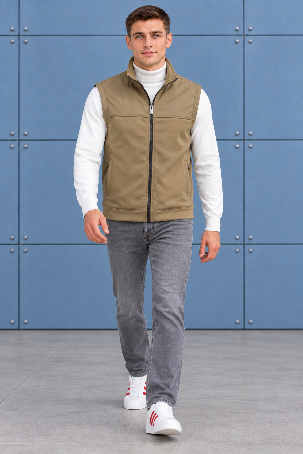 Men’s khaki Cut & Sew German Velvet Gilet – Regular Fit Full Zip Sleeveless Jacket