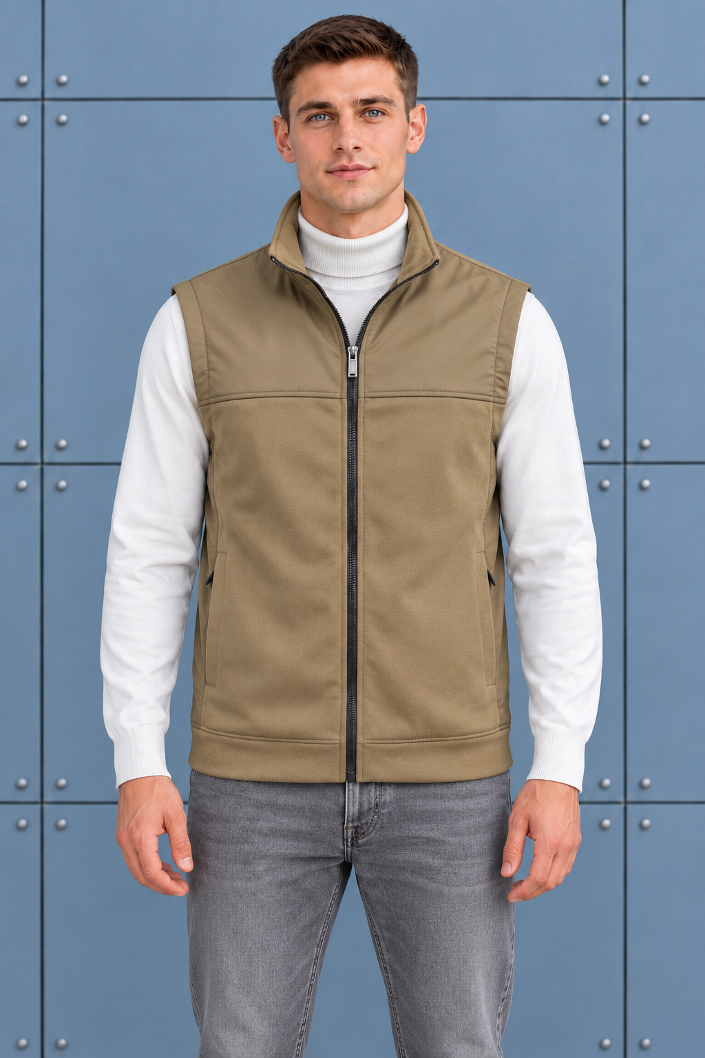 Men’s khaki Cut & Sew German Velvet Gilet – Regular Fit Full Zip Sleeveless Jacket