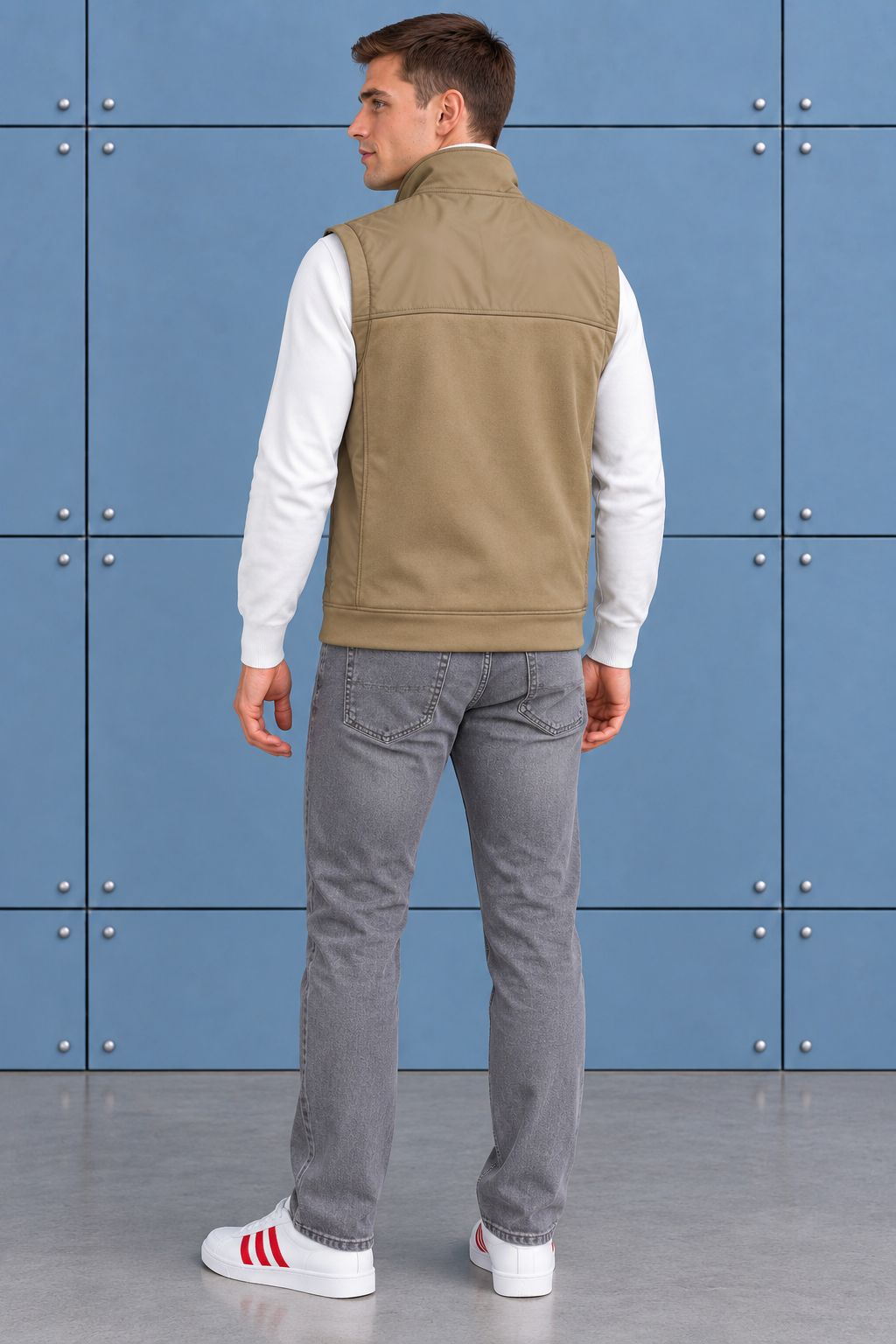 Men’s khaki Cut & Sew German Velvet Gilet – Regular Fit Full Zip Sleeveless Jacket