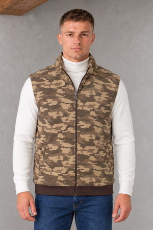 Men's Regular Fit Knitted Camouflage Gilet with Full Zip, Stand Collar and Side Pockets – Olive Camou