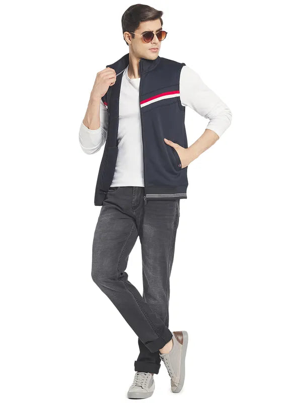 Octave Men Navy Blue Solid Sleeveless Front-Open Sweatshirt