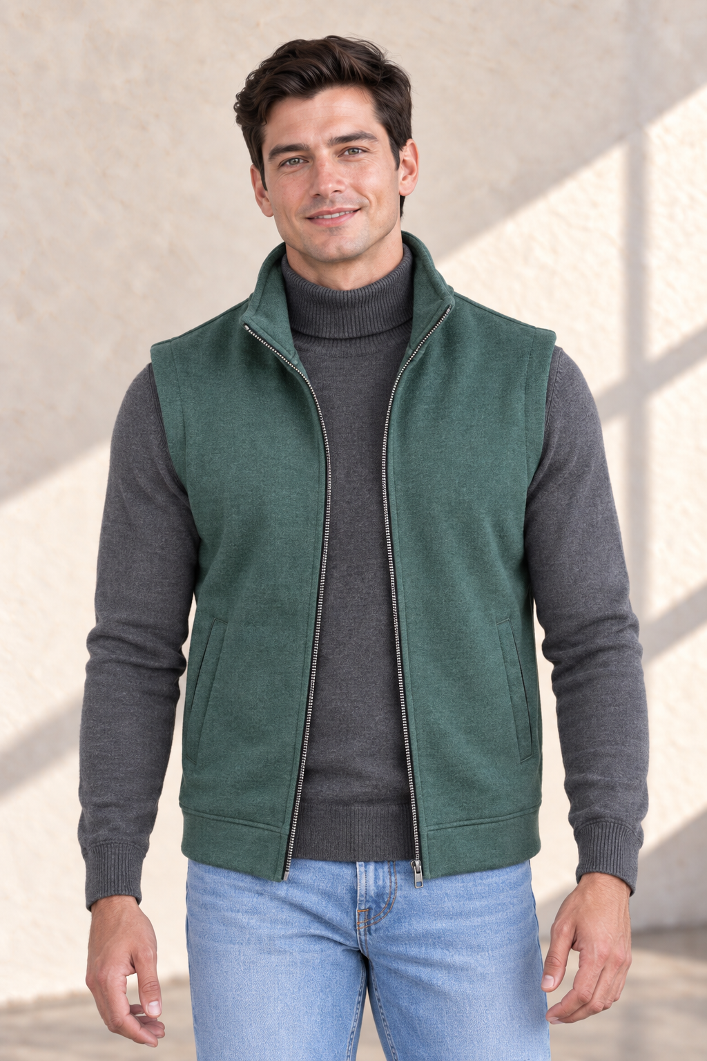 Men’s Bottle Green Melange German Velvet Knitted Gilet – Regular Fit Full Zip Sleeveless Jacket