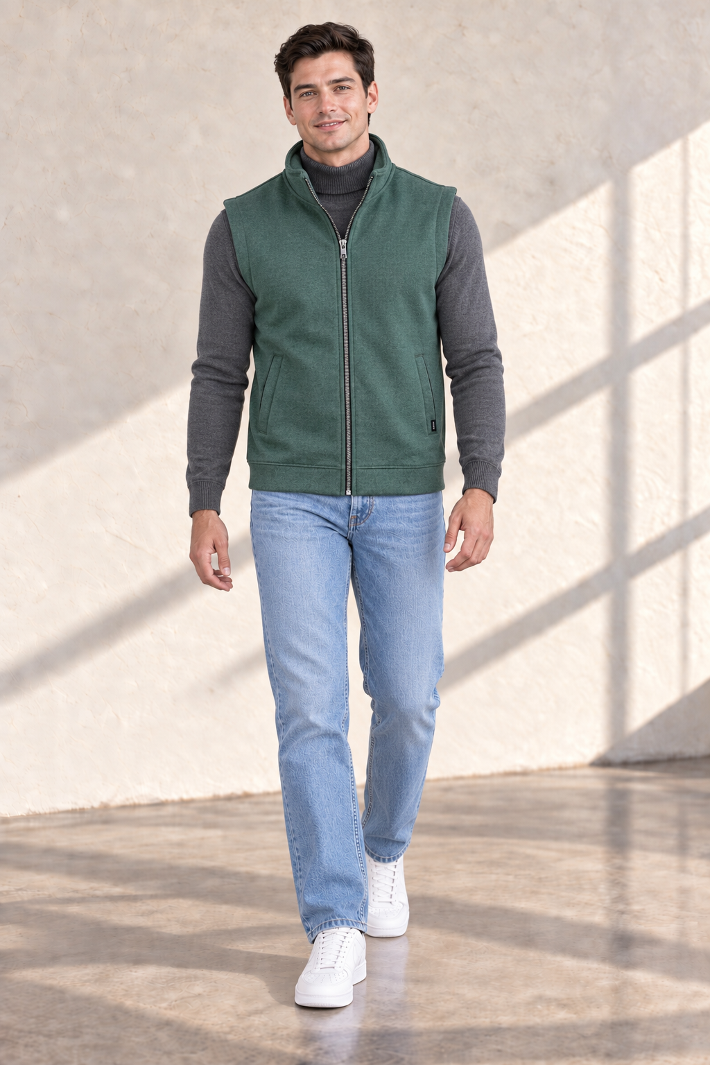 Men’s Bottle Green Melange German Velvet Knitted Gilet – Regular Fit Full Zip Sleeveless Jacket