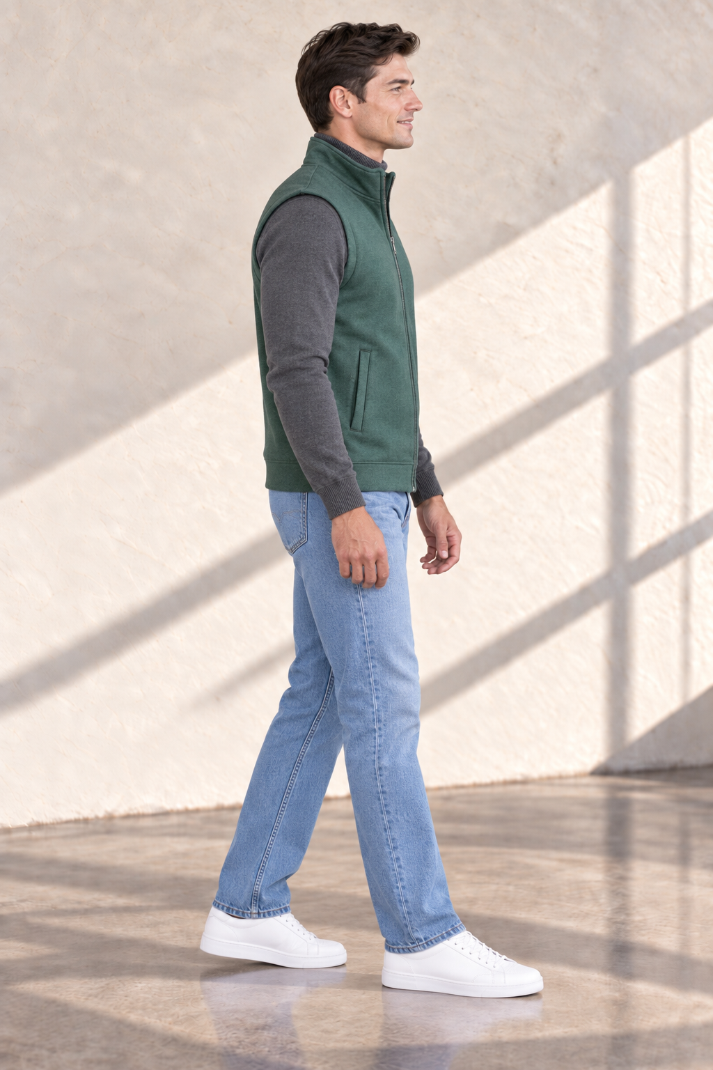 Men’s Bottle Green Melange German Velvet Knitted Gilet – Regular Fit Full Zip Sleeveless Jacket