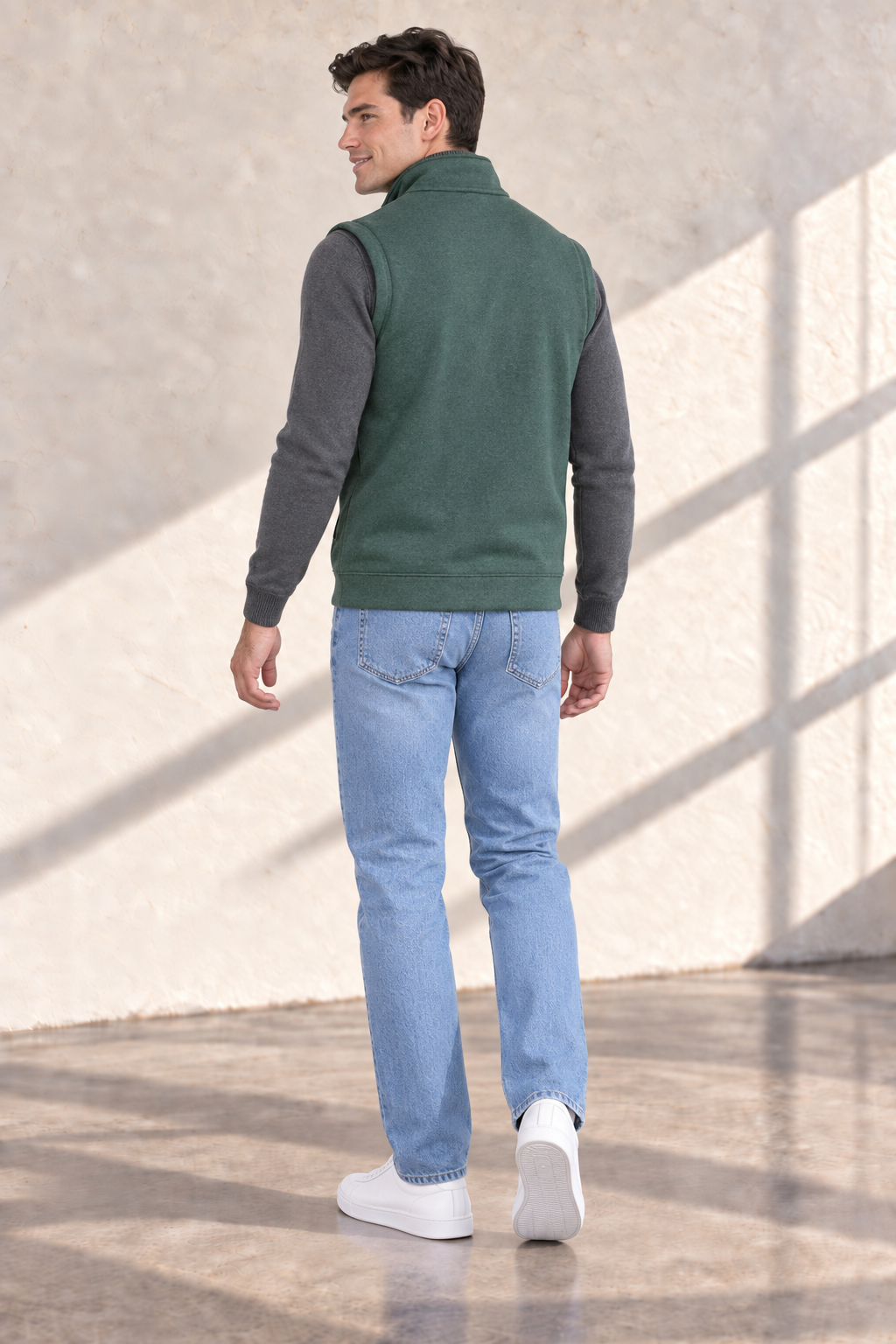 Men’s Bottle Green Melange German Velvet Knitted Gilet – Regular Fit Full Zip Sleeveless Jacket