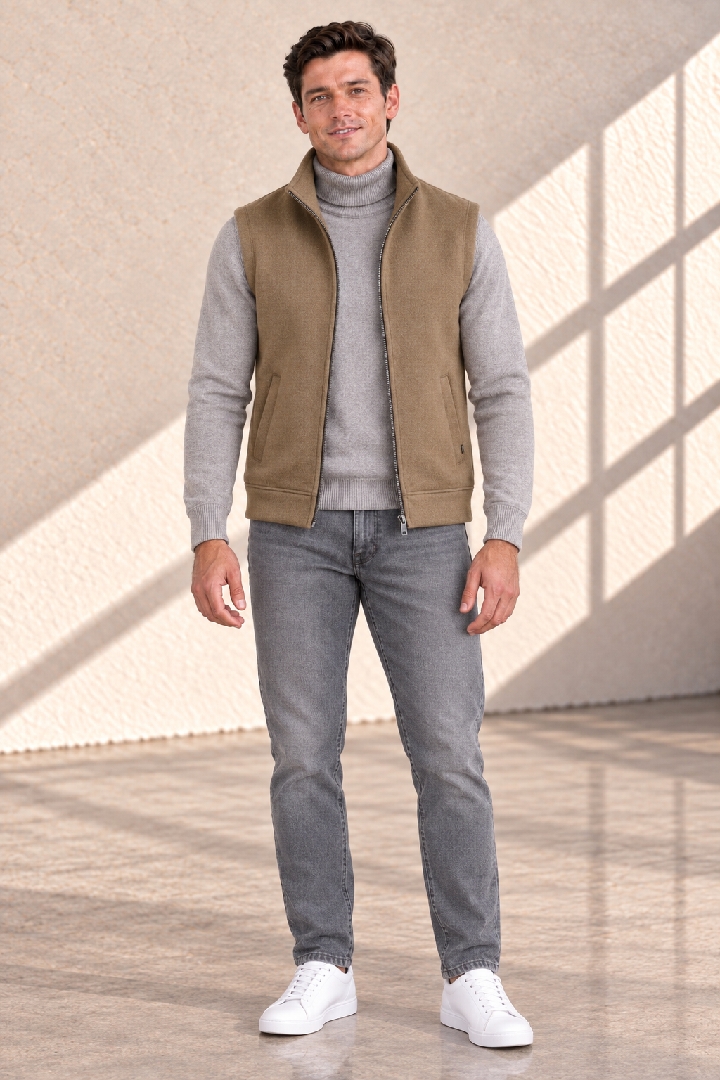 Men’s Brown Melange German Velvet Knitted Gilet – Regular Fit Full Zip Sleeveless Jacket