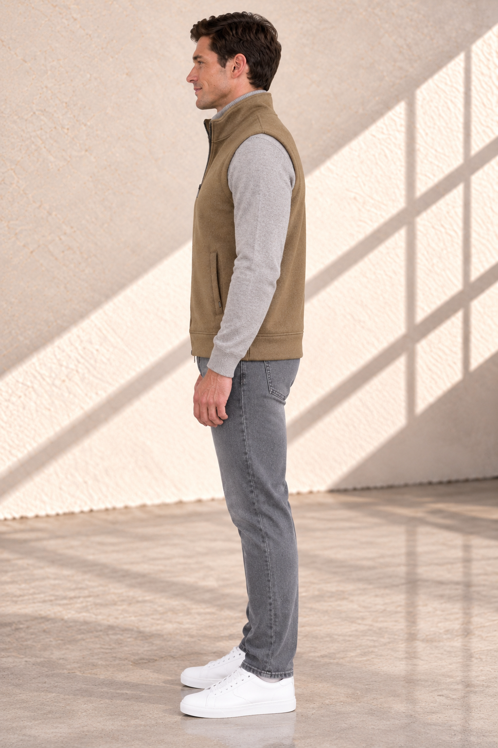 Men’s Brown Melange German Velvet Knitted Gilet – Regular Fit Full Zip Sleeveless Jacket