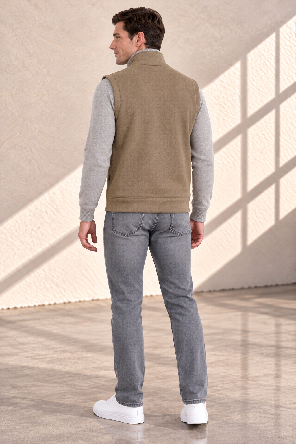 Men’s Brown Melange German Velvet Knitted Gilet – Regular Fit Full Zip Sleeveless Jacket